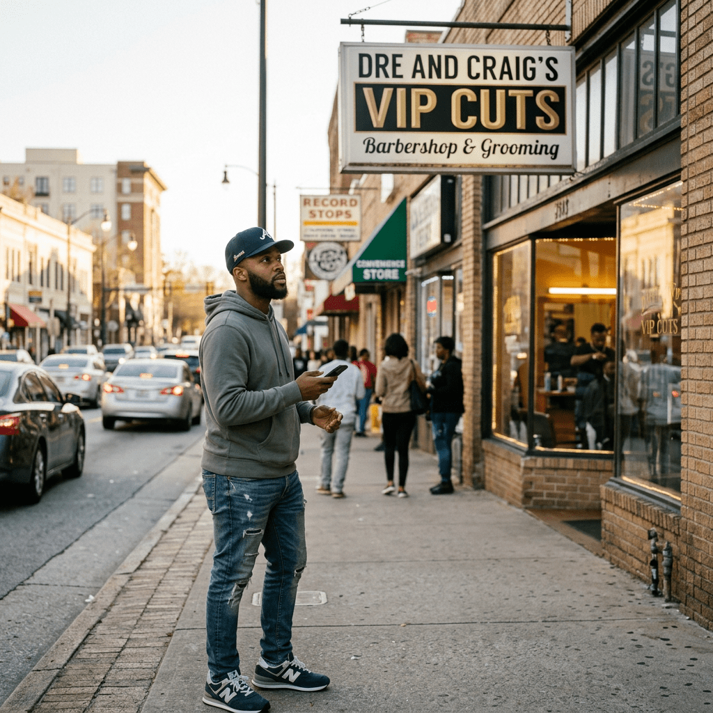 Man in hoodie and cap standing on a city sidewalk outside a barbershop with a phone in hand